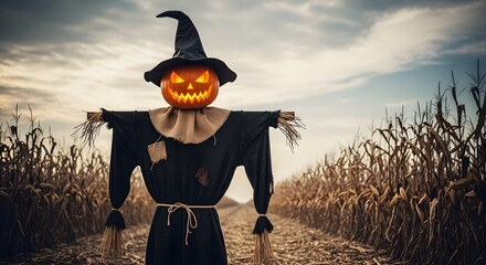 Halloween Scarecrow in Cornfield with Pumpkin Head and Witch Hat Spooky Season