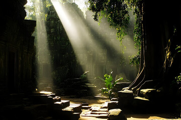 Sunbeams illuminate ancient temple ruins in lush jungle setting