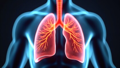 3D illustration of human lungs with trachea, showing intricate bronchial tubes. Organs glow red within translucent blue outline of human torso, respiratory system health, pulmonology science.