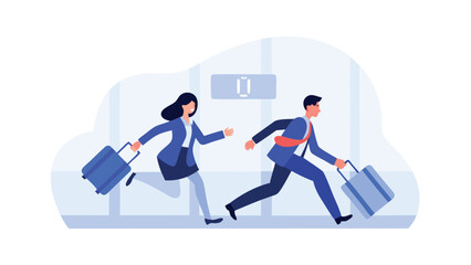 Business people running with luggage at the airport trying to catch a flight on time today now here now