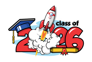 2026 graduate class start up banner template. Quickly rocket launch in real life. Vector in comic book style on transparent background