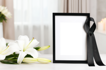 Funeral frame with black ribbon and lilies set in a serene indoor environment