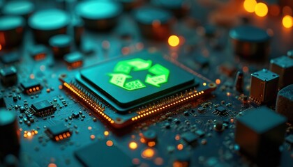 Glowing green recycle symbol on computer circuit board. Technology meets sustainability with electronic components, complex circuitry, glowing lights. Focus on innovation, environmental