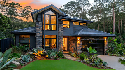 Modern house exterior at dusk stone and wood architecture design