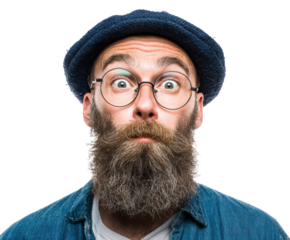 A man with a surprised expression wearing glasses and a stylish hat