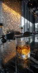 Obraz premium Amber liquid in rocks glass on dark marble, backlit by a shimmering gold wall in a sophisticated lounge setting