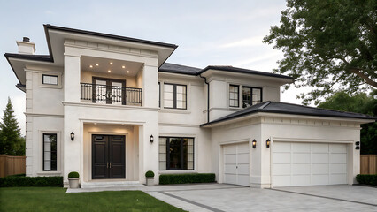 Elegant modern luxury residence featuring white exterior and grand architectural details