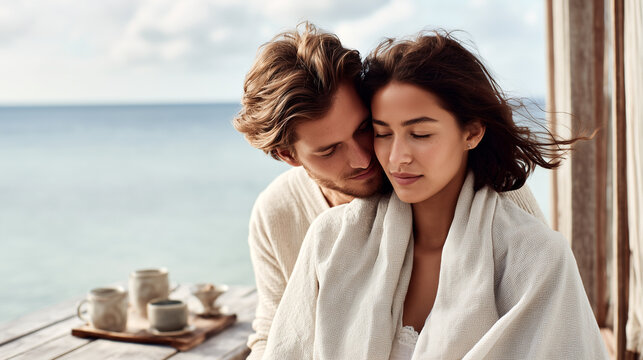 Romantic couple in bathrobes enjoying intimate moment with ocean view. Luxury spa vacation scene with cozy atmosphere, morning coffee and peaceful seaside relaxation for two. - Powered by Adobe