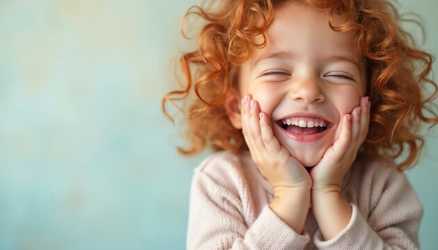 Joyful child with curly red hair smiles wide holding cheeks in pastel setting. Captures pure happiness, innocence, youthful spirit. Close-up view of delighted child experiencing genuine emotion,