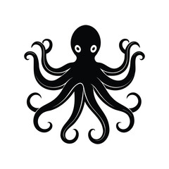 Simple black octopus illustration on a white background displaying many tentacles