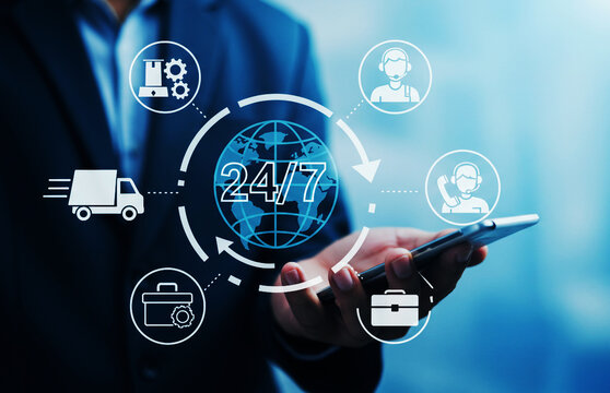 24/7 Global Customer Support and Service. Call center support holding 24-7 icon for worldwide nonstop and full-time available contact of service concept. Assistance customer services, delivery. - Powered by Adobe