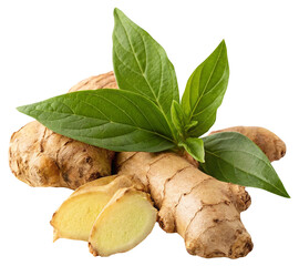 ginger herb with leaf on white background