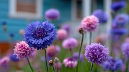 Obraz premium Closeup of colorful cornflowers in shades of purple, pink, and blue. Use as an image for spring, nature, or flower themes.
