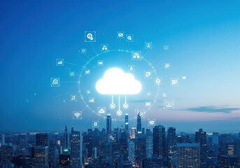 Digital cloud computing ascends over a modern cityscape symbolizing global connectivity and technological advancement