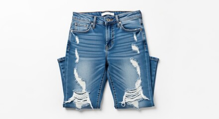 Distressed blue denim jeans isolated on white background