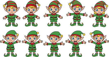 Cartoon Christmas elf characters in green costume, happy festive elves collection, winter holiday kid clipart, Santa's workshop vector art