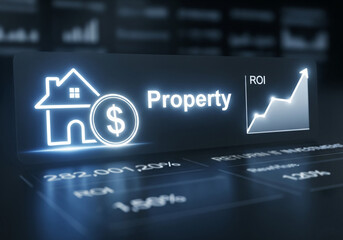 Digital property investment and real estate market growth illustration with a house icon, ROI chart, and financial data on a futuristic interface.