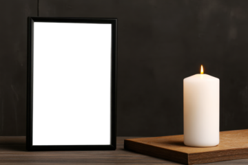 Memorial display with black frame and white candle for honoring a loved one