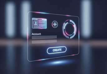 Futuristic digital account creation and user profile setup interface, featuring a neon-glowing sign-up form for secure access and online identity management.