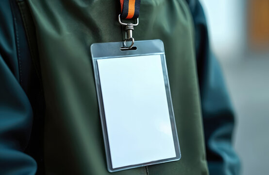 Blank security badge holder with lanyard attached to clothing. Ideal for identification access control at events, conferences, workplaces. Clear plastic case for employee passes, meeting IDs, company