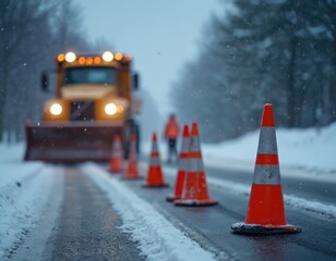 Winter roadwork operations feature snowplow, workers on snowy roadway. Orange traffic cones mark work zone, ensuring safety, visibility. Snowfall continues during evening hours, affecting urban
