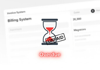 "Overdue" invoice and billing system concept illustration with an hourglass and "Unpaid" stamp, representing modern financial management and payment technology.