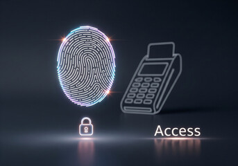 Abstract digital illustration of biometric "Access" for POS terminal with a glowing fingerprint and padlock, representing modern security and financial payment technology.