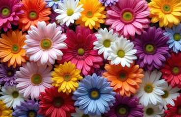 Top view of assorted colorful gerbera daisy flowers forming vibrant floral pattern. Features pink, orange, yellow, white, blue, purple blooms. Natural diversity creates beautiful garden aesthetic,