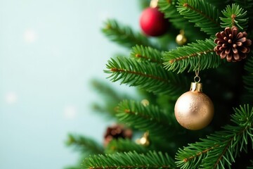 Obraz premium Close-up of lush fir branches adorned with festive ornaments , snowy, closeup