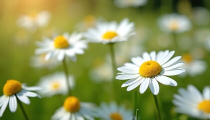Fototapeta premium Close-up white daisies in sunny meadow. Soft light illuminates delicate petals, bright yellow centers. Green grass bokeh background evokes peaceful, joyful spring, summer mood. Nature beauty in