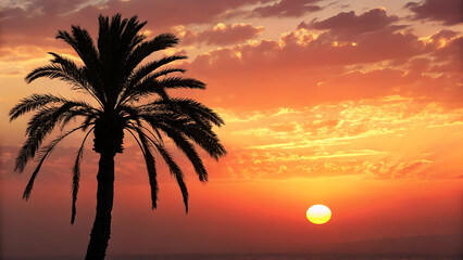 Silhouetted palm tree against a vibrant tropical sunset with fiery orange and yellow hues