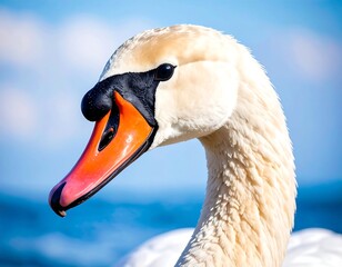 Close-up swan portrait against a vibrant blue sky