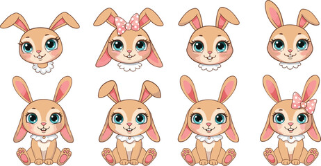 Multiple cute cartoon bunny characters with different facial expressions, sitting poses, pink bow, big eyes, vector design illustration set
