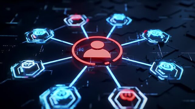 Centralized Network of Red Person Icon Surrounded by Glowing Blue Hexagon Nodes on Dark Circuit Board