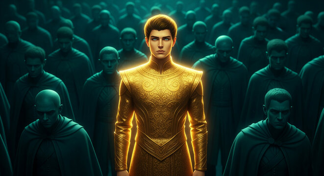 Young man in ornate gold robe stands out from a crowd of figures in teal cloaks, symbolizing leadership, power, and individuality