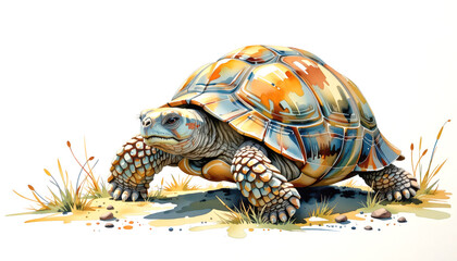 Obraz premium Charming watercolor illustration of a tortoise turtle in a lively natural setting capturing the essence of wildlife