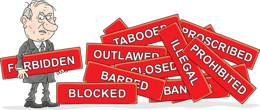 Angry government official forbidding everything, everywhere and always, vector cartoon illustration on a white background