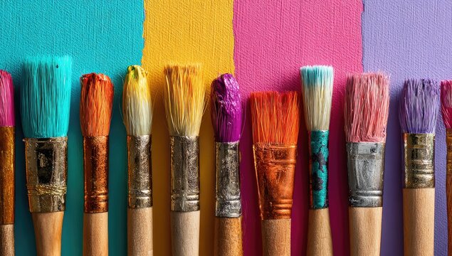 A row of paintbrushes, various sizes and colors, stand against a vibrant, multicolored backdrop of teal, yellow, pink, and purple hues; the brushes show paint residue