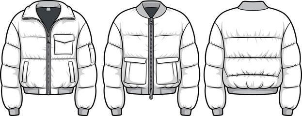 Puffer Jacket CAD Drawing, Flat Vector Fashion Illustration, Bomber Style Outerwear, Front and Back View Design Template