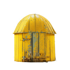 Yellow, dome-shaped shed, weathered wood