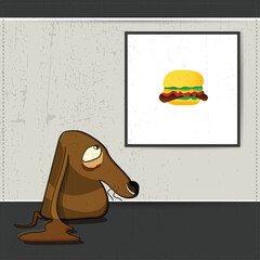 Sad cartoon dog staring longingly at a hamburger painting on the wall. Funny and emotional concept in a minimalist, artistic setting.