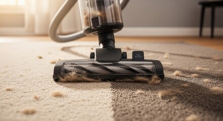 Close-up of a vacuum cleaner brush head collecting dust and debris from a carpet