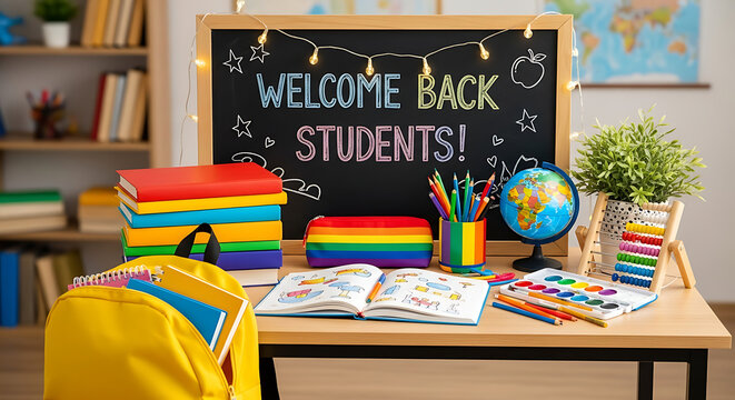 A back to school themed desk setup with books, backpack, and welcome back students chalkboard back to school ai generated