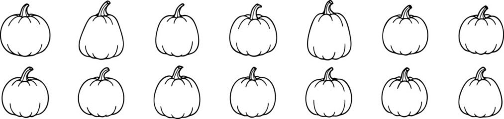 Outline pumpkin icons in various shapes and styles, ideal for coloring pages, DIY crafts, or Halloween carving templates