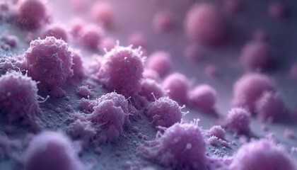 Microscopic view of pink cancer cells, likely multiple myeloma. Abnormal cells show complex surface structures, suggesting scientific research into disease, biology. Focus on cell analysis,