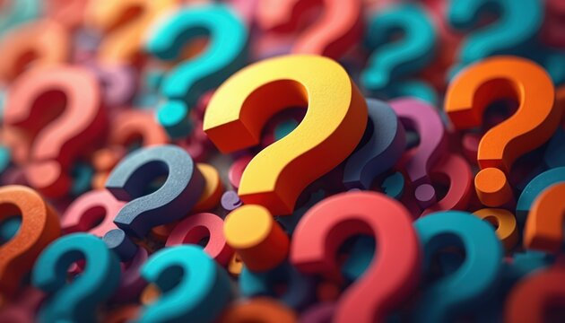 Chaotic yet colorful arrangement of large 3D question marks in surreal art style. Punctuation symbols represent concepts of inquiry, confusion, problem-solving. Dynamic composition, rendered in
