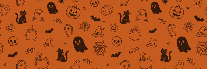 Seamless Halloween pattern with spooky black doodles on an orange background. Features ghosts, pumpkins, bats, skulls, candy, cats, cauldrons, and more