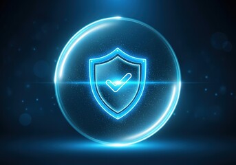 Glowing neon shield with checkmark inside a transparent sphere on a dark blue digital background
