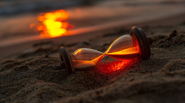 Translucent hourglass with memories as sand, some grains glowing red to signify cognitive health concerns.