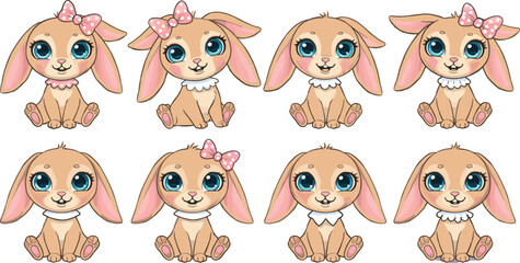 Cute cartoon bunny set with big blue eyes, pink ears, sitting poses, girly bows, adorable baby rabbits vector illustration